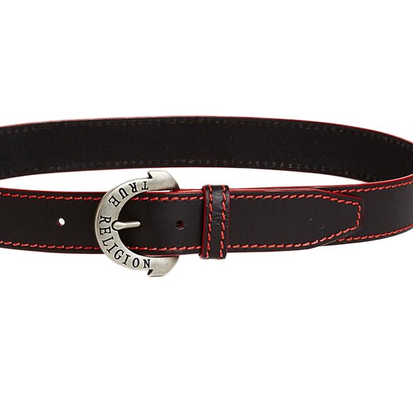 TRUE RELIGION Red Big T Leather Red Stitch Silver Buckle Black Belt - Size 38 - Picture 3 of 5